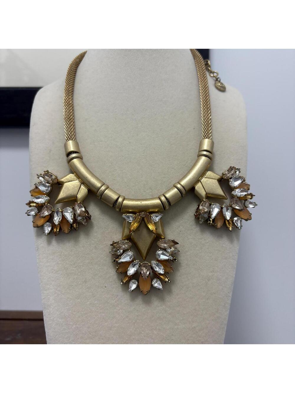 Stella & Dot Helena Gold Mesh Chain Statement Necklace with Rhinestones 17"